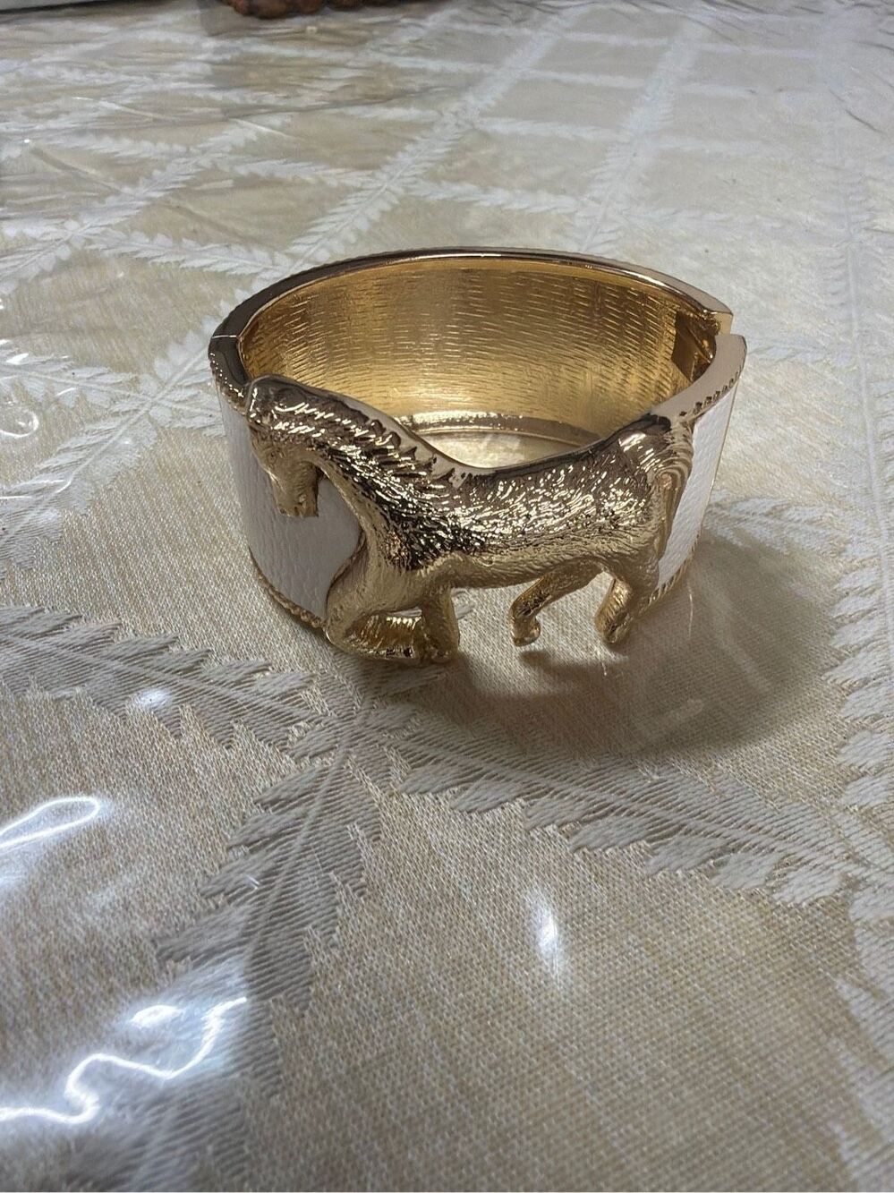Vintage-Style Gold & Cream Horse Cuff Bracelet | Equestrian Statement Jewelry - Picture 6 of 6